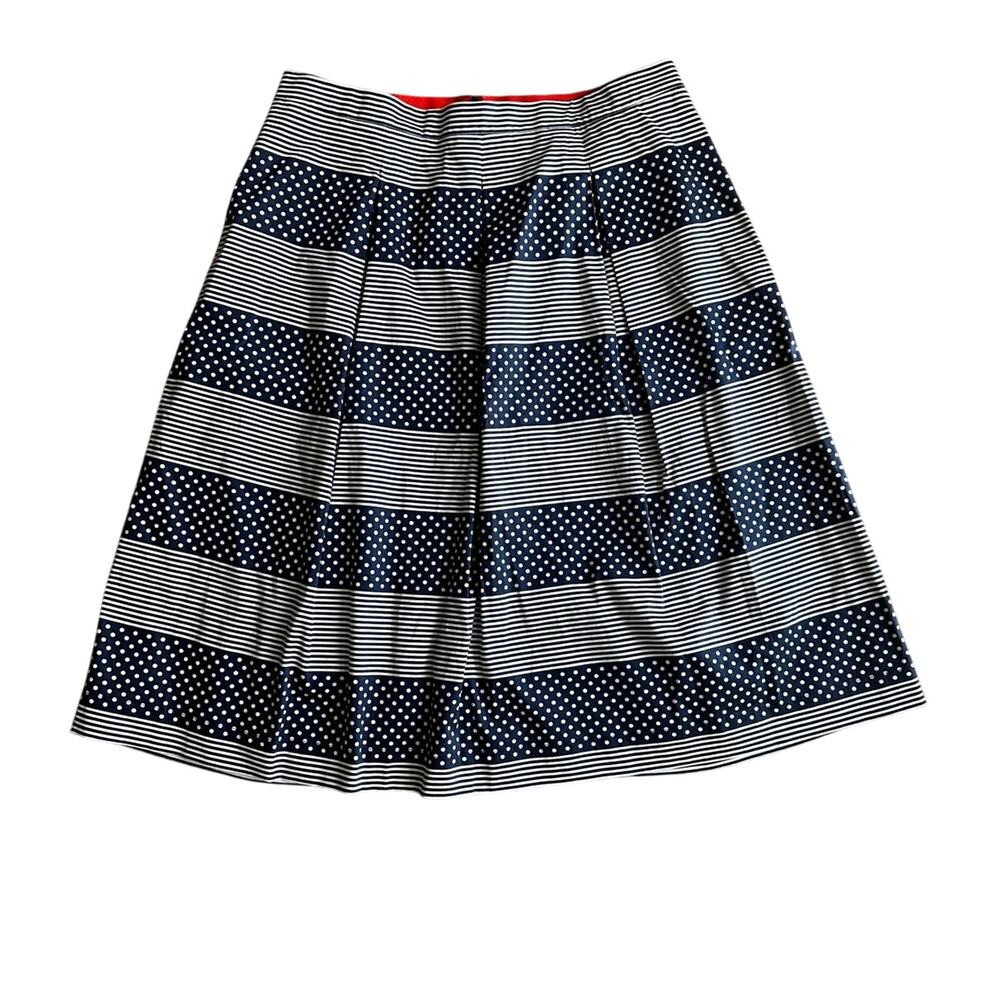 Boden Lola Navy White Polka Dot Striped 10P Cotton A-Line Midi Preppy Skirt